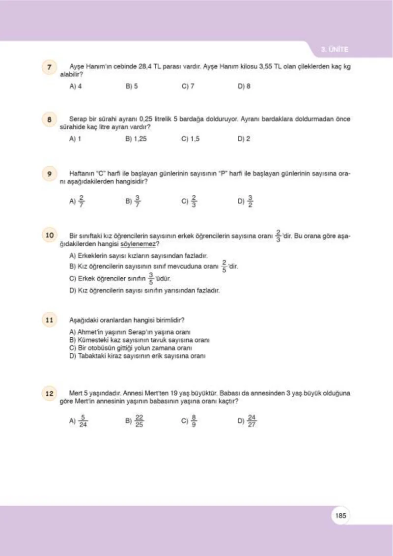 6. Sınıf Matematik Ders Kitabı Cevapları Öğün Yayınlar Sayfa 185
