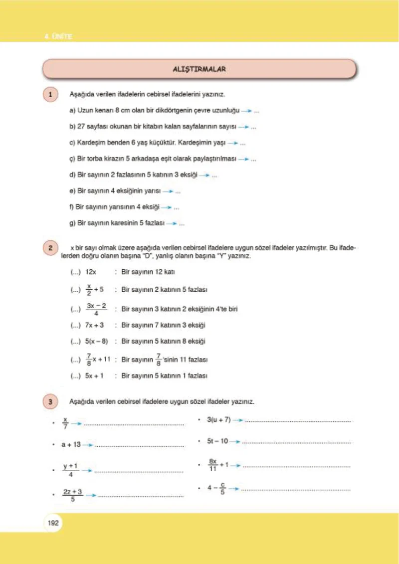 6. Sınıf Matematik Ders Kitabı Cevapları Öğün Yayınlar Sayfa 192