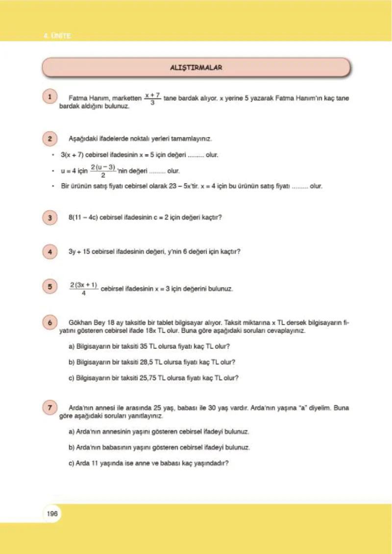 6. Sınıf Matematik Ders Kitabı Cevapları Öğün Yayınlar Sayfa 196