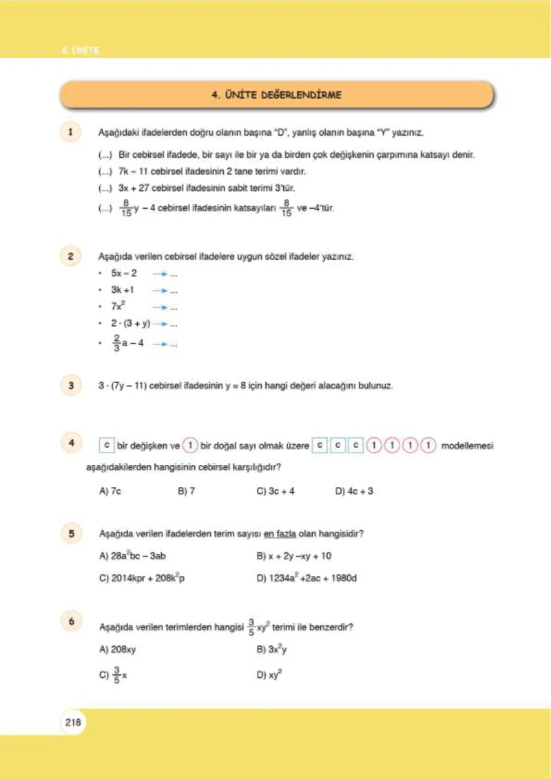 6. Sınıf Matematik Ders Kitabı Cevapları Öğün Yayınlar Sayfa 218