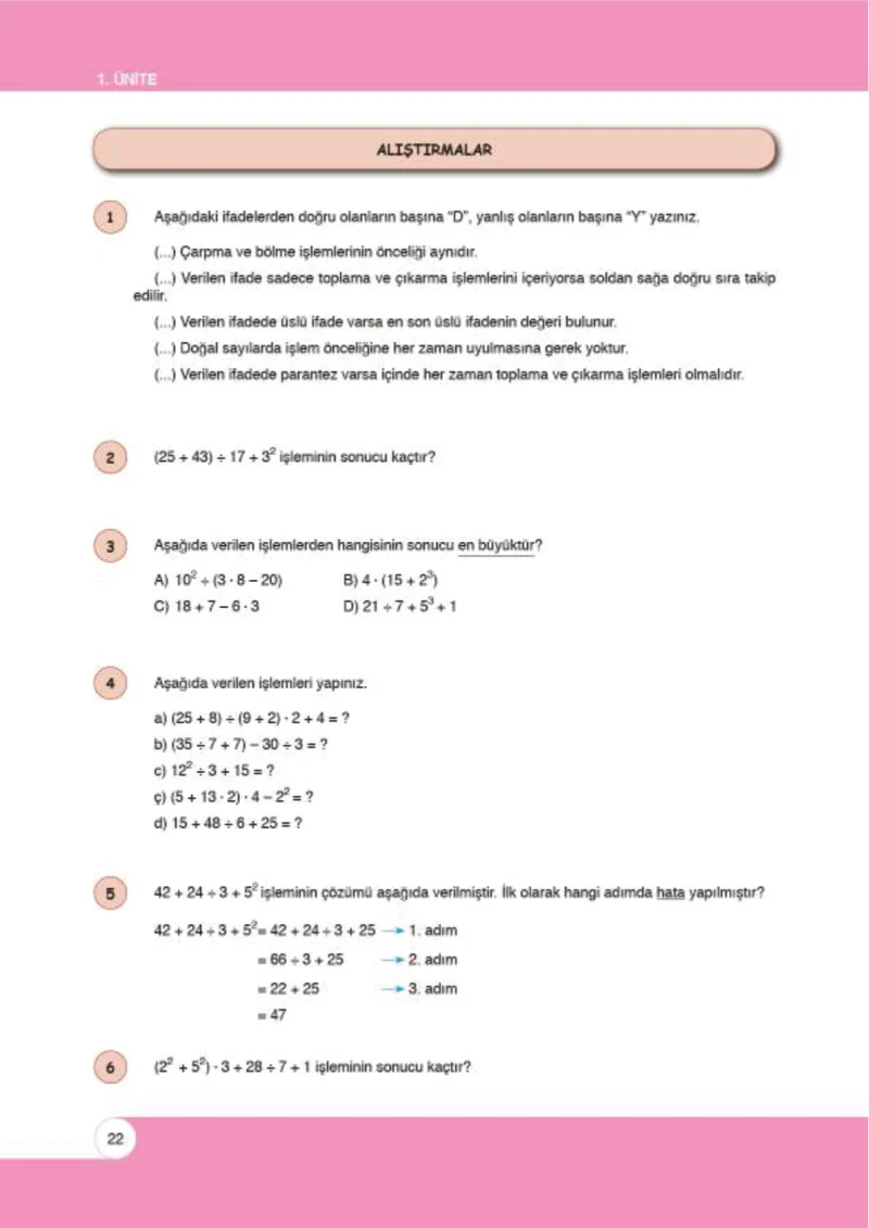 6. Sınıf Matematik Ders Kitabı Cevapları Öğün Yayınlar Sayfa 22