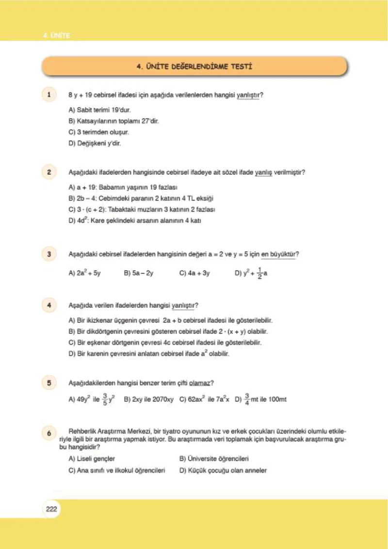 6. Sınıf Matematik Ders Kitabı Cevapları Öğün Yayınlar Sayfa 222