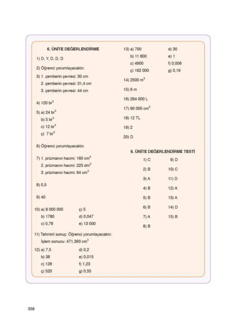 6. Sınıf Matematik Ders Kitabı Cevapları Öğün Yayınlar Sayfa 358