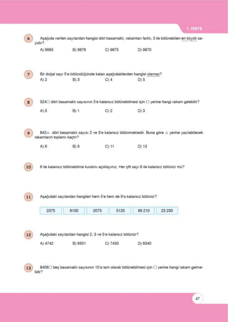 6. Sınıf Matematik Ders Kitabı Cevapları Öğün Yayınlar Sayfa 47