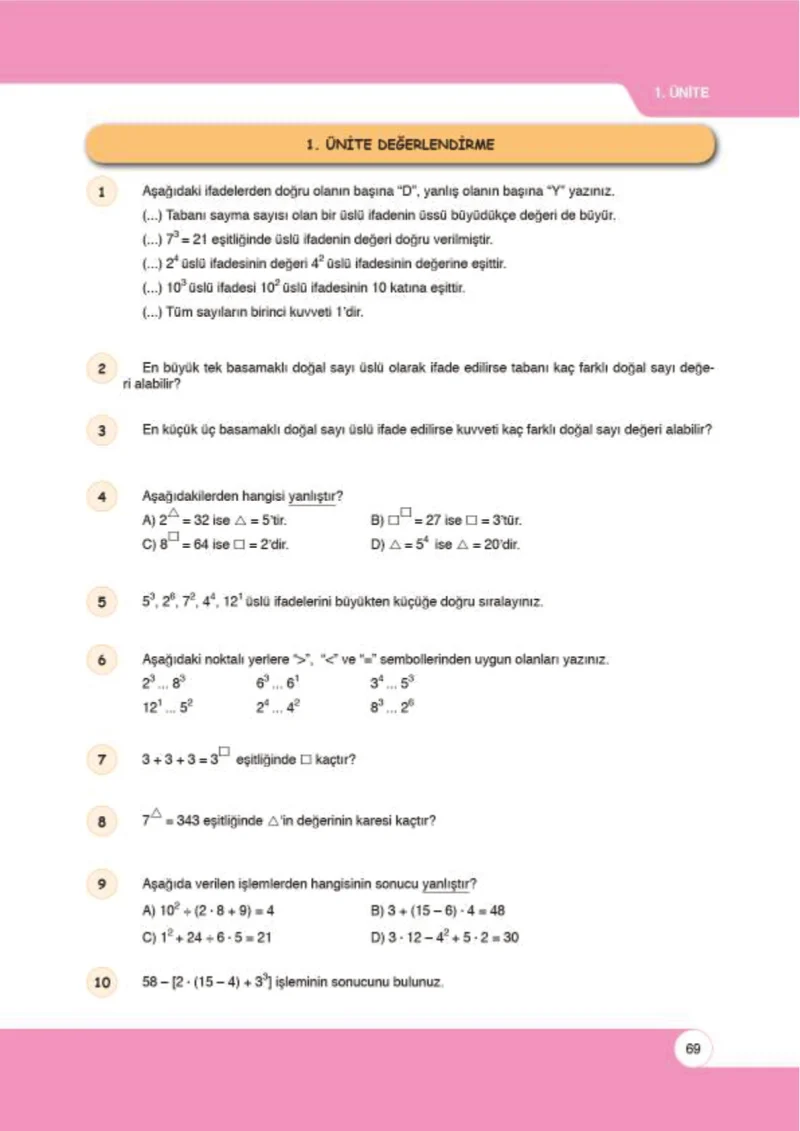 6. Sınıf Matematik Ders Kitabı Cevapları Öğün Yayınlar Sayfa 69