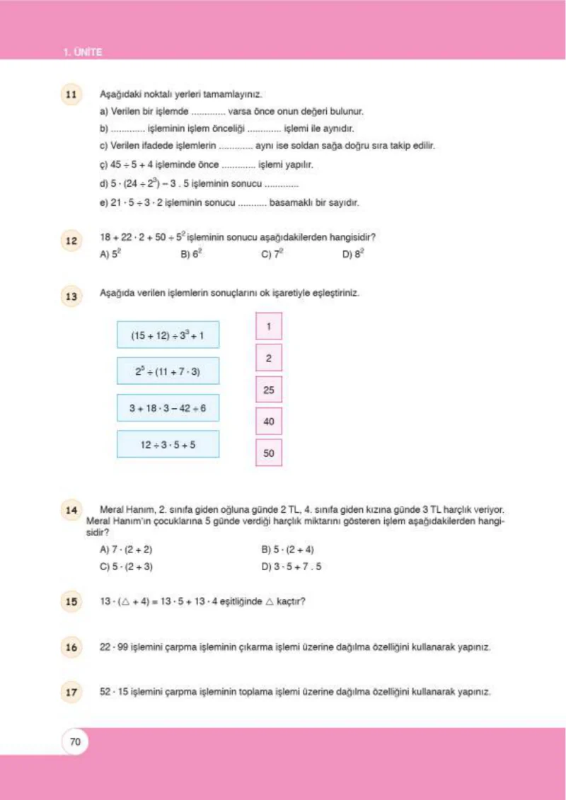 6. Sınıf Matematik Ders Kitabı Cevapları Öğün Yayınlar Sayfa 70
