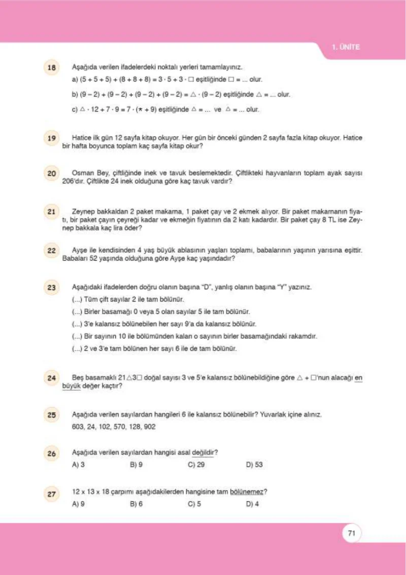 6. Sınıf Matematik Ders Kitabı Cevapları Öğün Yayınlar Sayfa 71