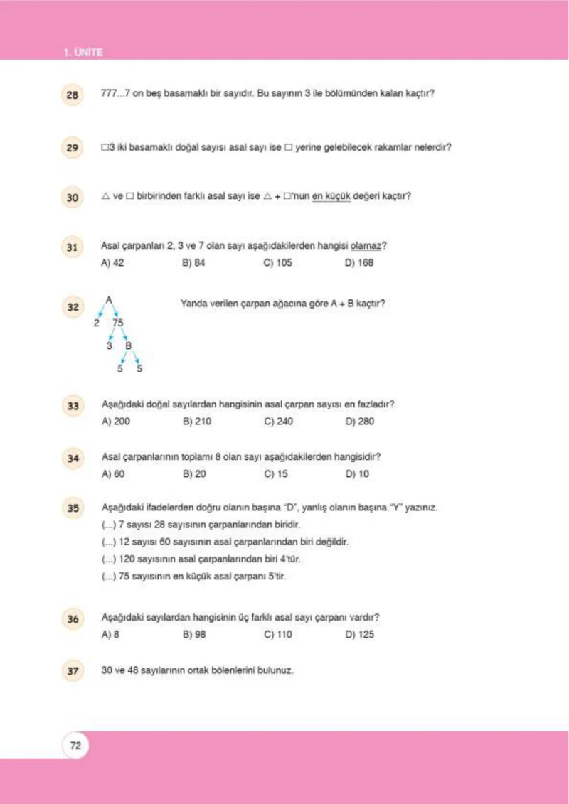 6. Sınıf Matematik Ders Kitabı Cevapları Öğün Yayınlar Sayfa 72