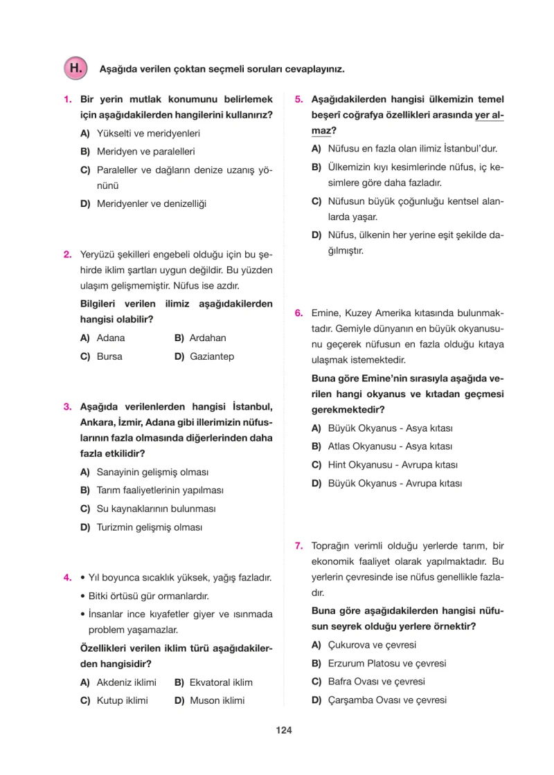 6. Sınıf Sosyal Bilgiler Ders Kitabı Cevapları Anadol Yayınları Sayfa 124