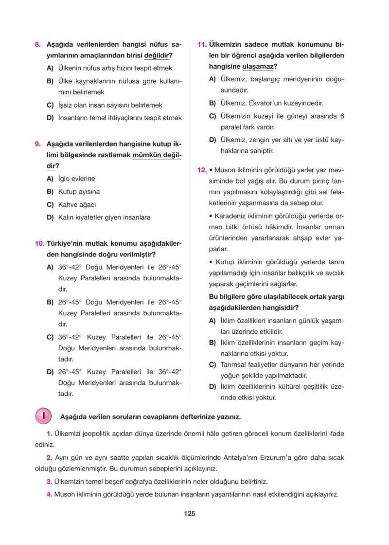 6. Sınıf Sosyal Bilgiler Ders Kitabı Cevapları Anadol Yayınları Sayfa 125