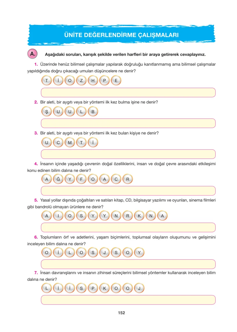 6. Sınıf Sosyal Bilgiler Ders Kitabı Cevapları Anadol Yayınları Sayfa 152