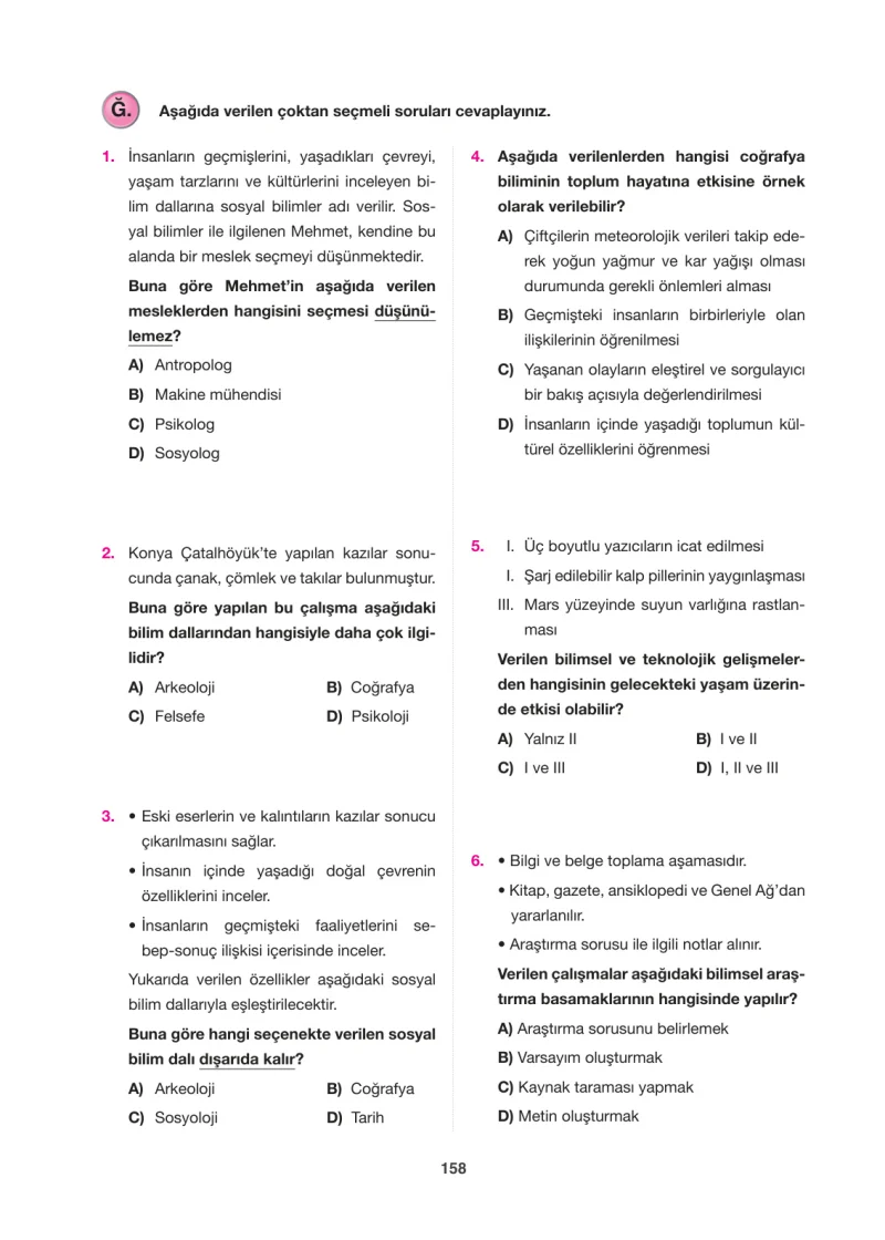 6. Sınıf Sosyal Bilgiler Ders Kitabı Cevapları Anadol Yayınları Sayfa 158
