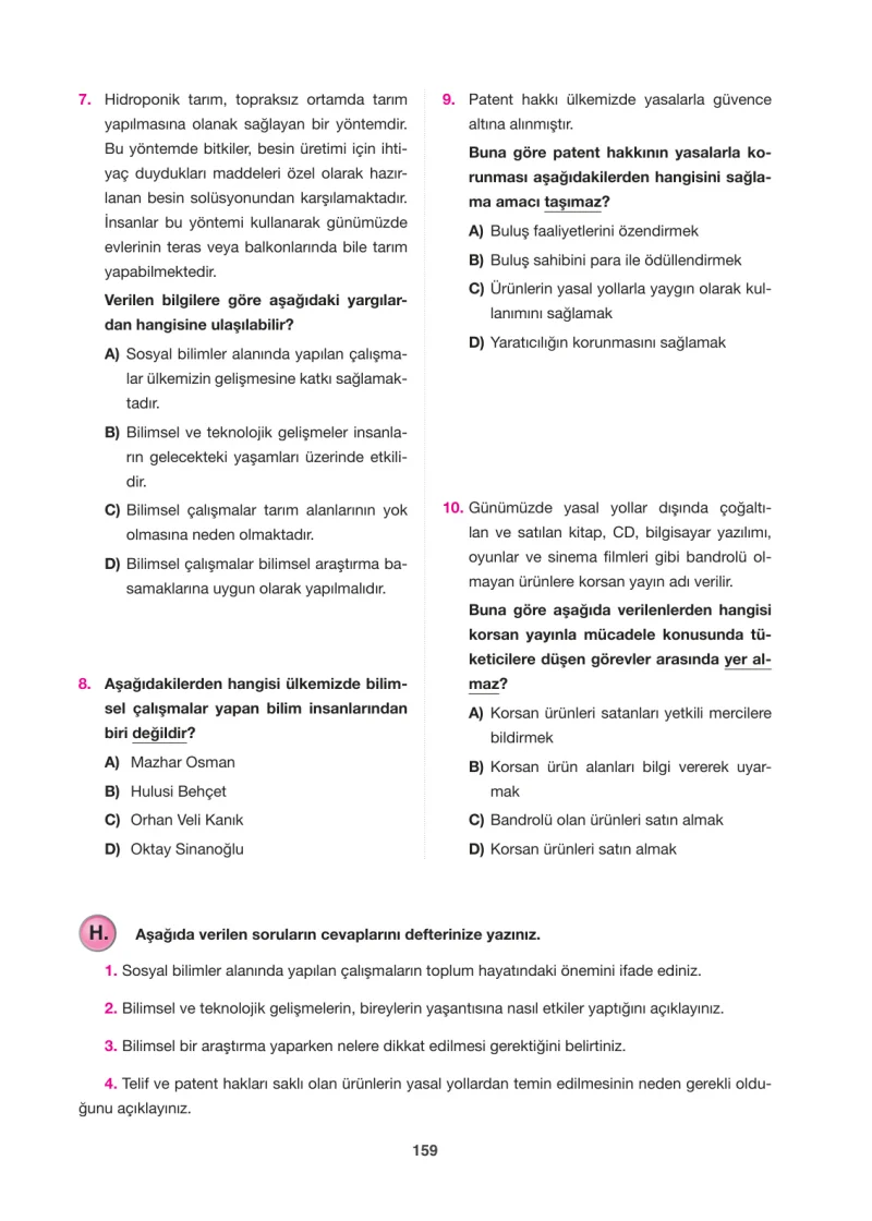 6. Sınıf Sosyal Bilgiler Ders Kitabı Cevapları Anadol Yayınları Sayfa 159