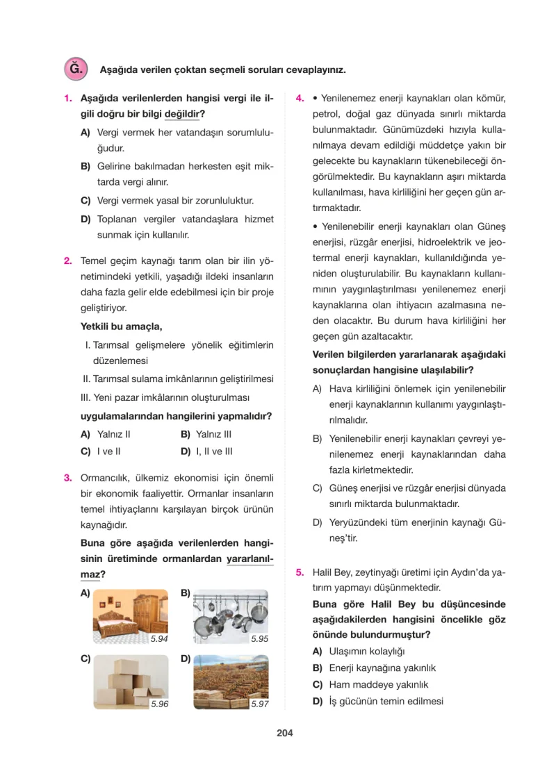 6. Sınıf Sosyal Bilgiler Ders Kitabı Cevapları Anadol Yayınları Sayfa 204