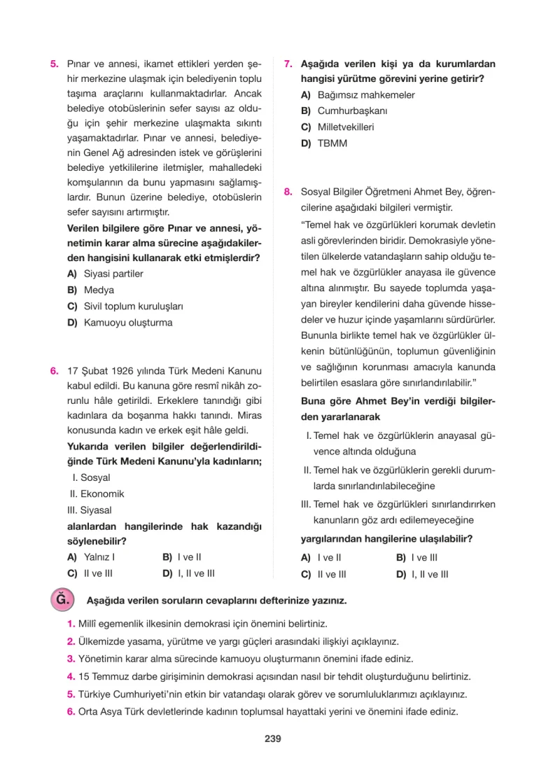 6. Sınıf Sosyal Bilgiler Ders Kitabı Cevapları Anadol Yayınları Sayfa 239