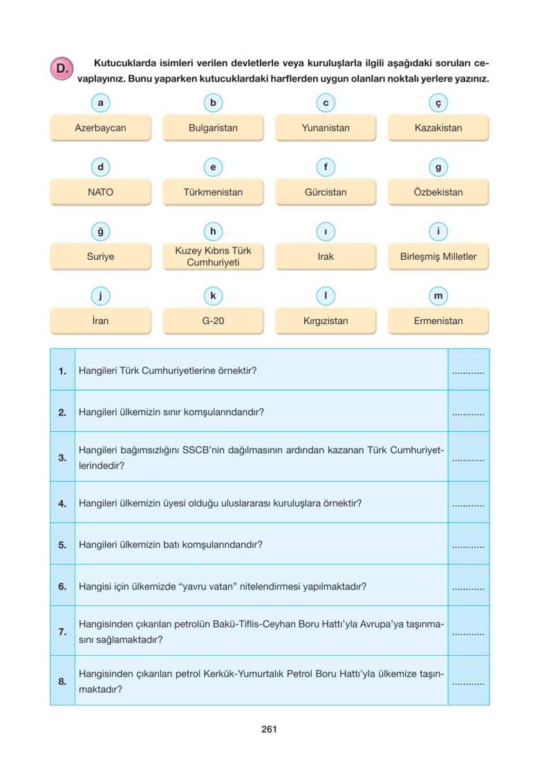 6. Sınıf Sosyal Bilgiler Ders Kitabı Cevapları Anadol Yayınları Sayfa 261