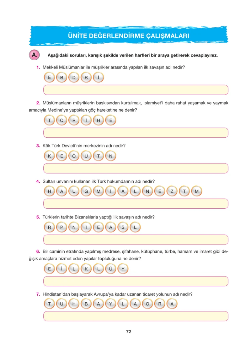6. Sınıf Sosyal Bilgiler Ders Kitabı Cevapları Anadol Yayınları Sayfa 72