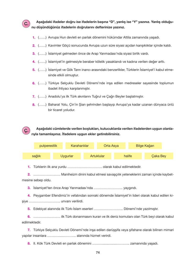 6. Sınıf Sosyal Bilgiler Ders Kitabı Cevapları Anadol Yayınları Sayfa 74