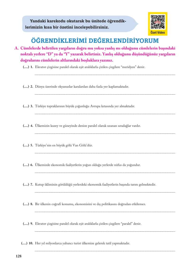 6. Sınıf Sosyal Bilgiler Ders Kitabı Cevapları Evos Yayınları Sayfa 128