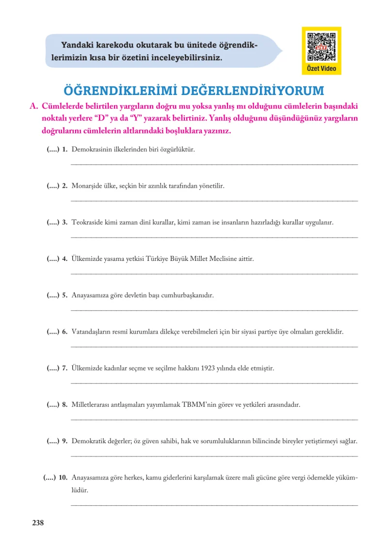 6. Sınıf Sosyal Bilgiler Ders Kitabı Cevapları Evos Yayınları Sayfa 238