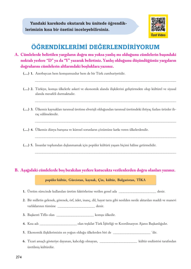 6. Sınıf Sosyal Bilgiler Ders Kitabı Cevapları Evos Yayınları Sayfa 274