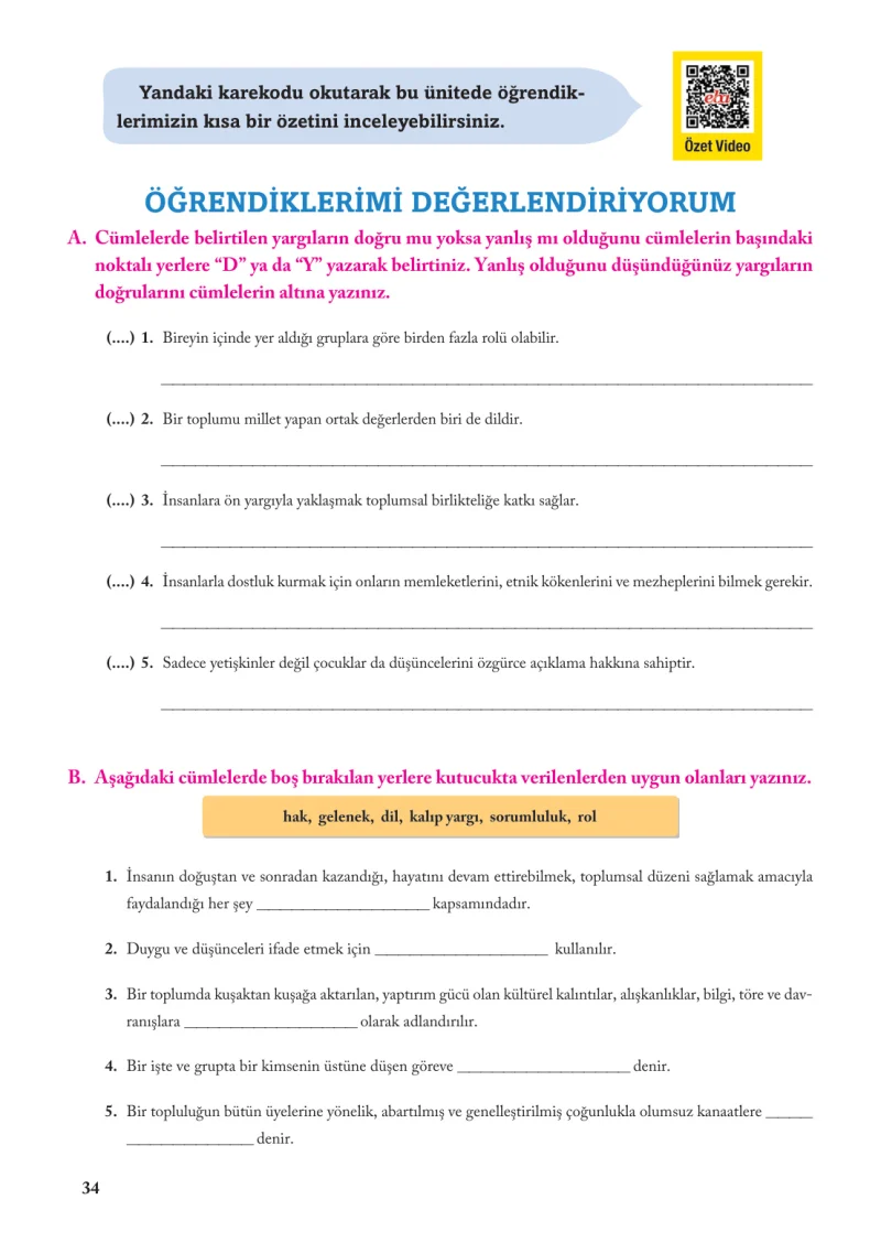 6. Sınıf Sosyal Bilgiler Ders Kitabı Cevapları Evos Yayınları Sayfa 34