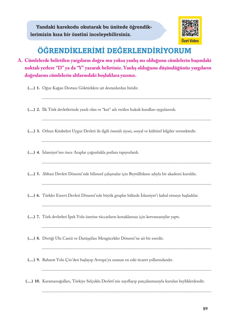 6. Sınıf Sosyal Bilgiler Ders Kitabı Cevapları Evos Yayınları Sayfa 89
