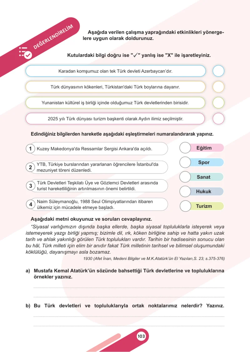 6. Sınıf Sosyal Bilgiler Ders Kitabı Cevapları Meb Yayınları 1. Kitap Sayfa 103