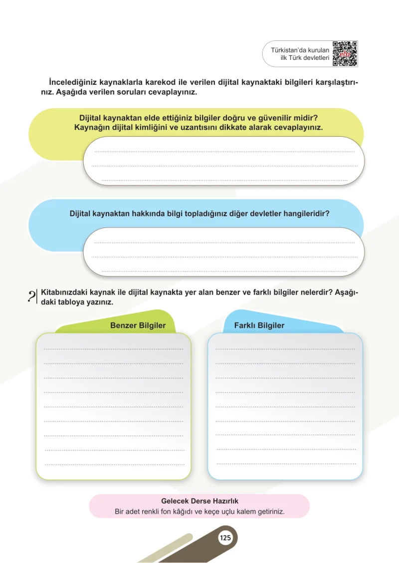 6. Sınıf Sosyal Bilgiler Ders Kitabı Cevapları Meb Yayınları 1. Kitap Sayfa 125
