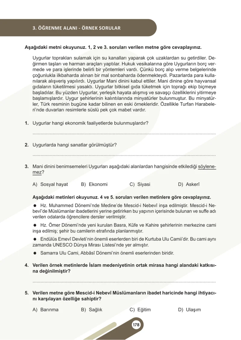 6. Sınıf Sosyal Bilgiler Ders Kitabı Cevapları Meb Yayınları 1. Kitap Sayfa 178