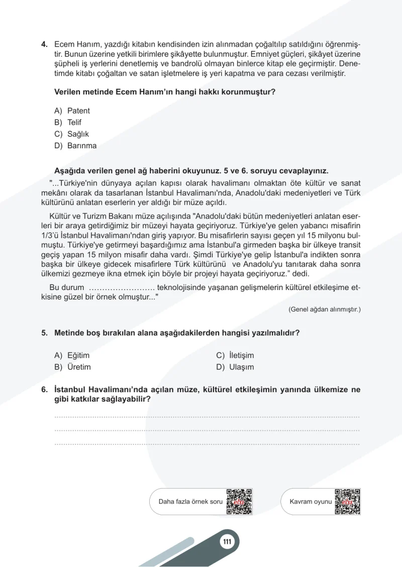 6. Sınıf Sosyal Bilgiler Ders Kitabı Cevapları Meb Yayınları 2. Kitap Sayfa 111