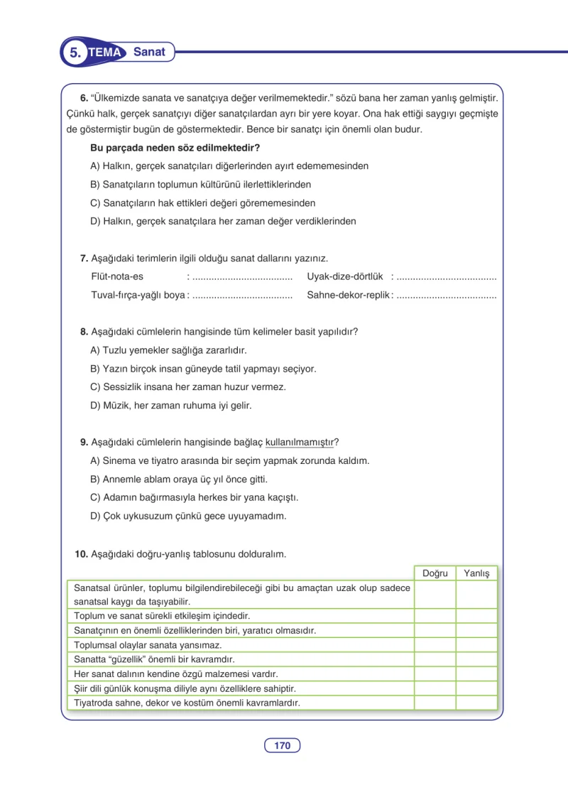 6. Sınıf Türkçe Ders Kitabı Cevapları Anka Yayınları Sayfa 170