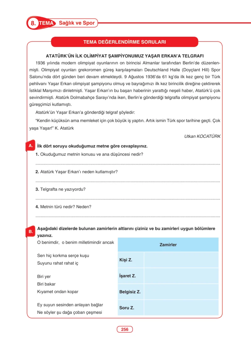 6. Sınıf Türkçe Ders Kitabı Cevapları Anka Yayınları Sayfa 256
