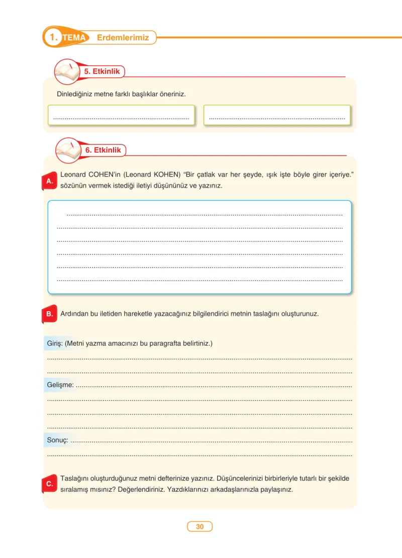 6. Sınıf Türkçe Ders Kitabı Cevapları Anka Yayınları Sayfa 30
