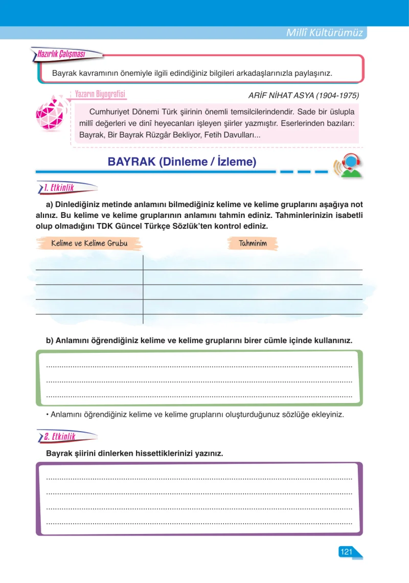 6. Sınıf Türkçe Ders Kitabı Cevapları Ata Yayınları Sayfa 121