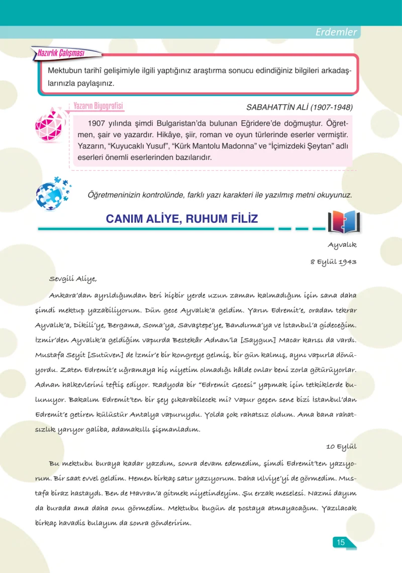 6. Sınıf Türkçe Ders Kitabı Cevapları Ata Yayınları Sayfa 15