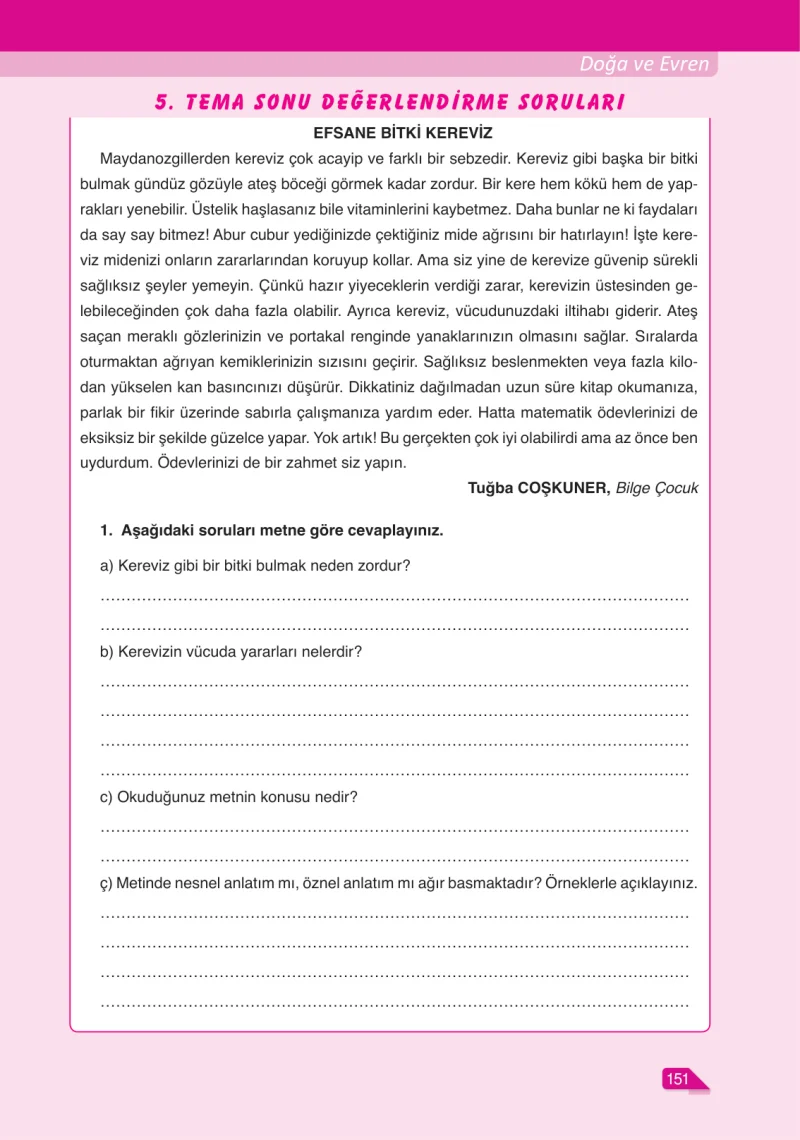6. Sınıf Türkçe Ders Kitabı Cevapları Ata Yayınları Sayfa 151