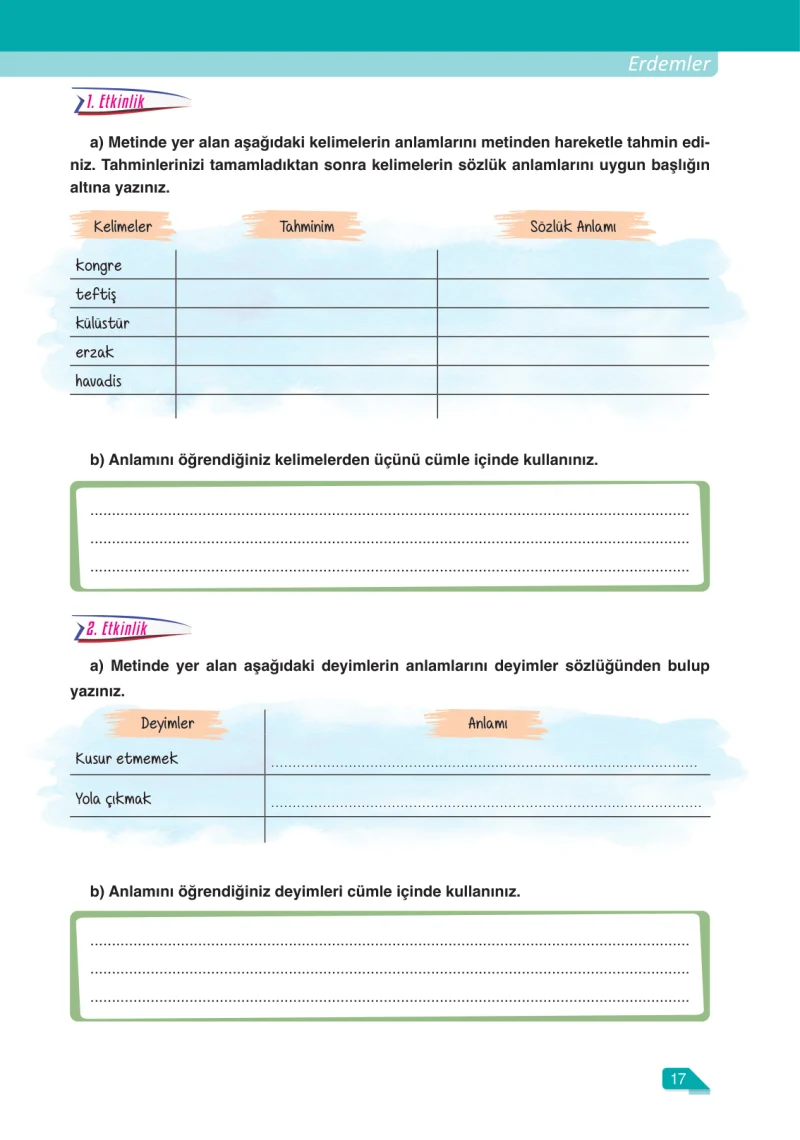 6. Sınıf Türkçe Ders Kitabı Cevapları Ata Yayınları Sayfa 17