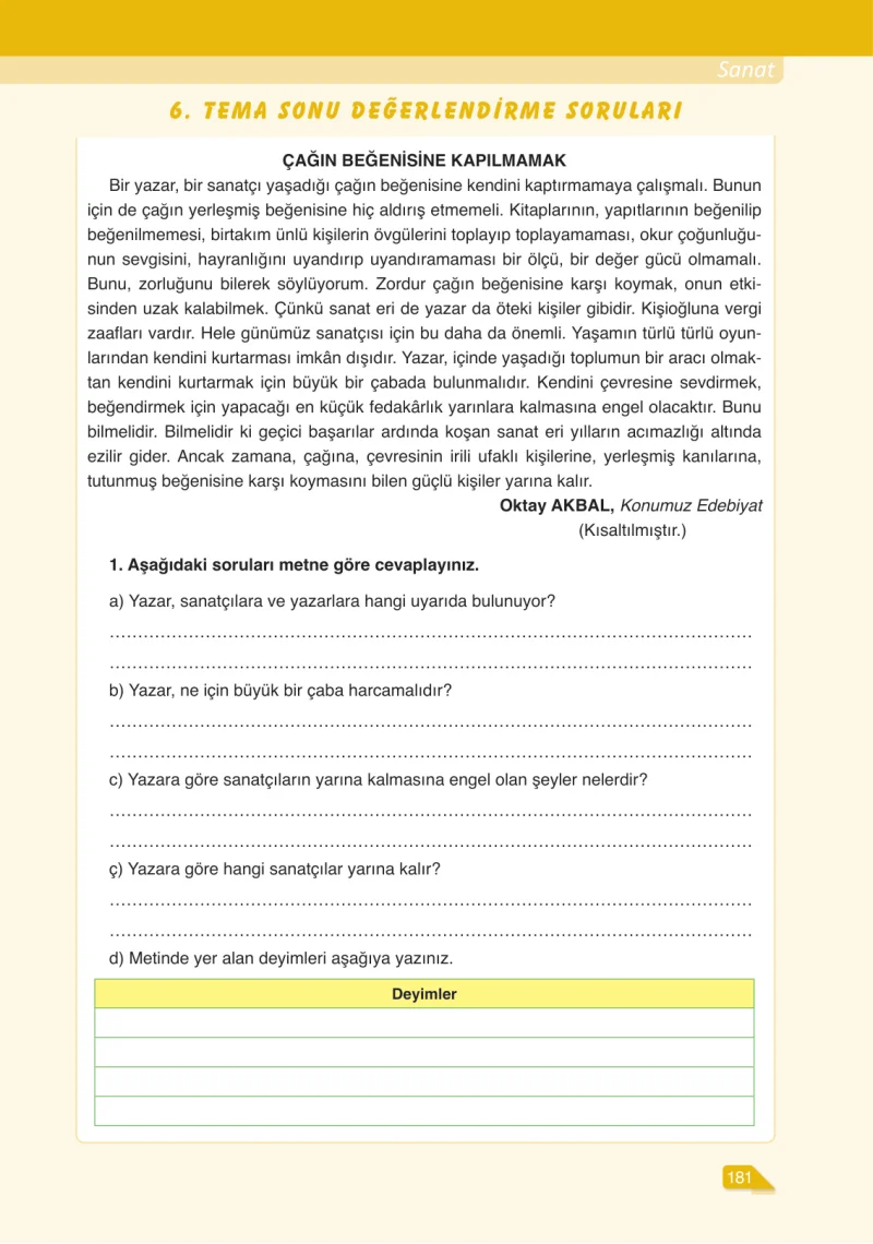 6. Sınıf Türkçe Ders Kitabı Cevapları Ata Yayınları Sayfa 181