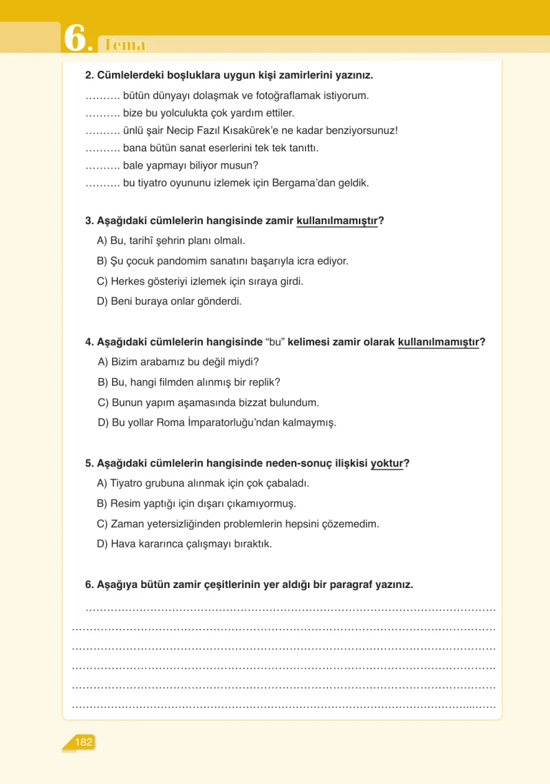 6. Sınıf Türkçe Ders Kitabı Cevapları Ata Yayınları Sayfa 182