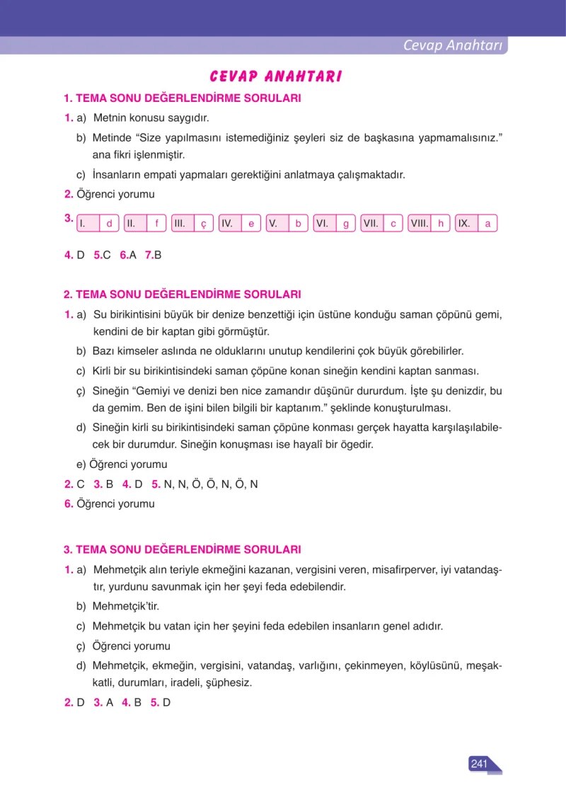 6. Sınıf Türkçe Ders Kitabı Cevapları Ata Yayınları Sayfa 241