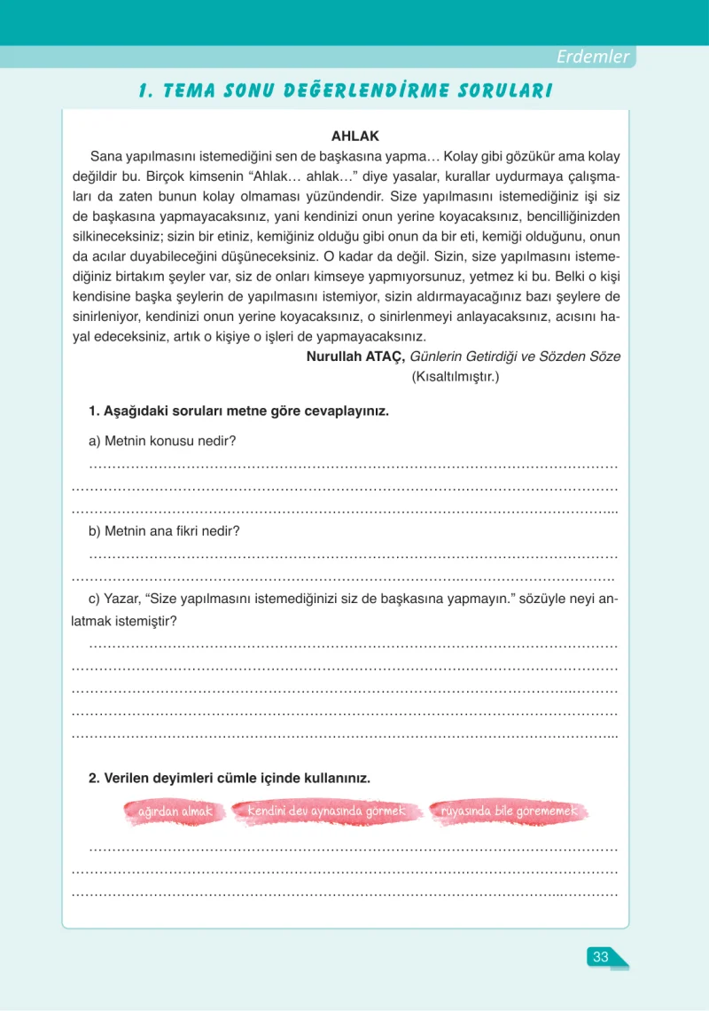 6. Sınıf Türkçe Ders Kitabı Cevapları Ata Yayınları Sayfa 33