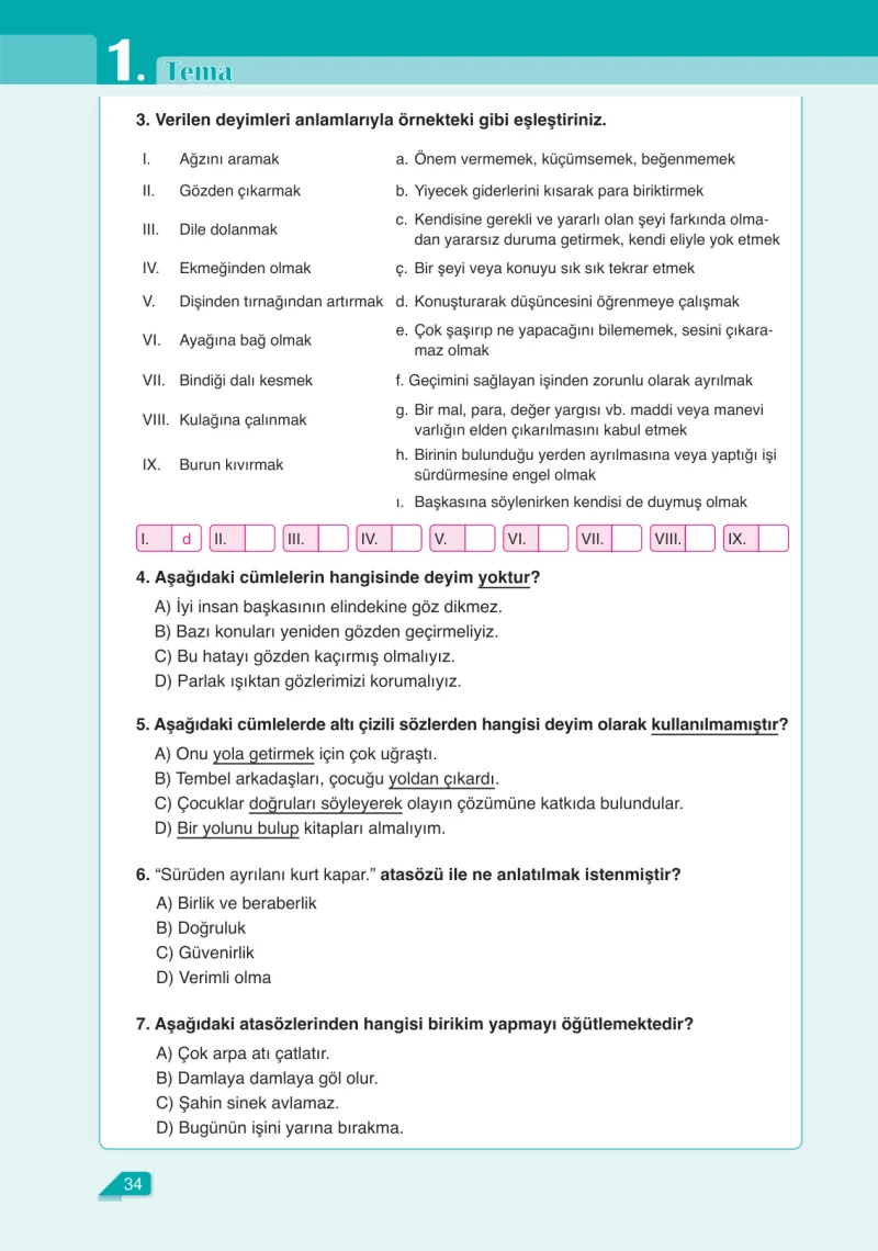 6. Sınıf Türkçe Ders Kitabı Cevapları Ata Yayınları Sayfa 34