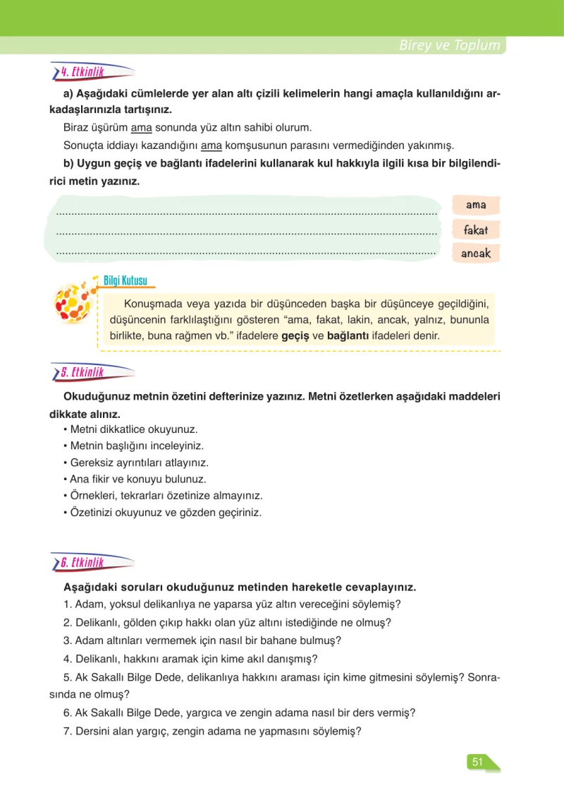 6. Sınıf Türkçe Ders Kitabı Cevapları Ata Yayınları Sayfa 51