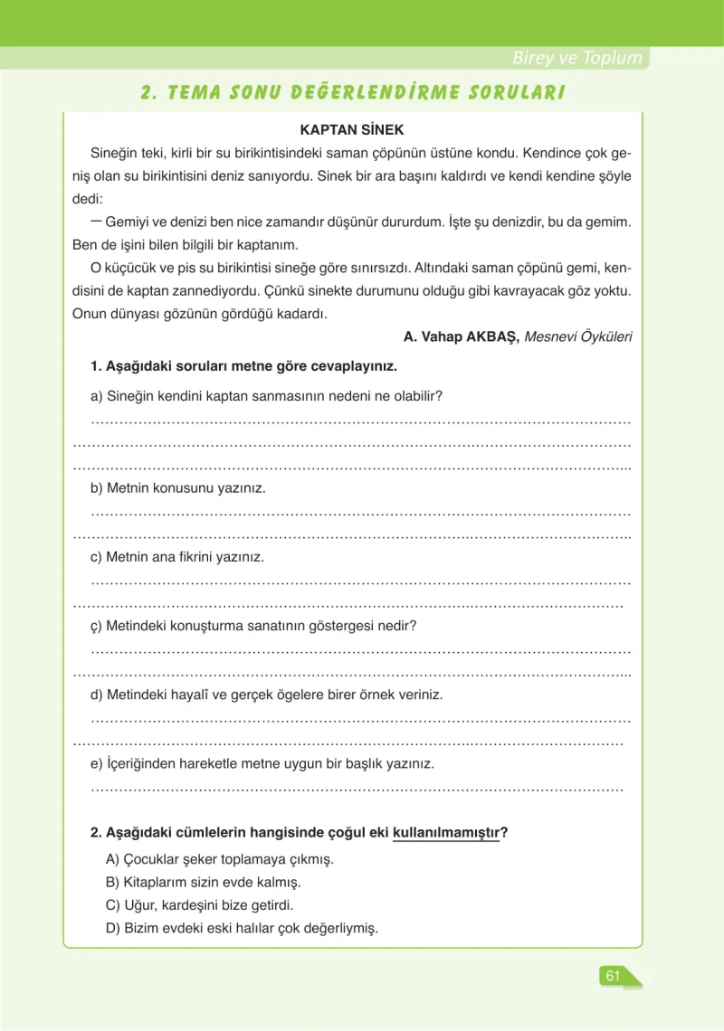 6. Sınıf Türkçe Ders Kitabı Cevapları Ata Yayınları Sayfa 61