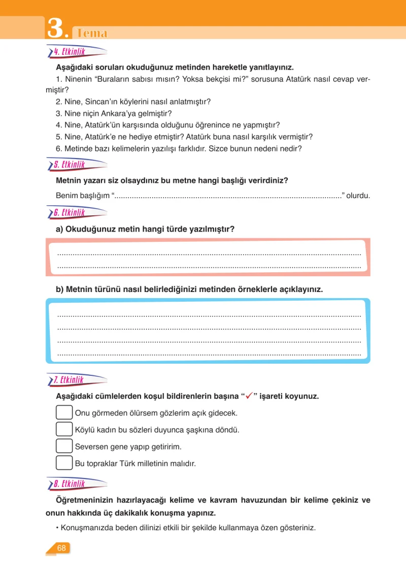 6. Sınıf Türkçe Ders Kitabı Cevapları Ata Yayınları Sayfa 68
