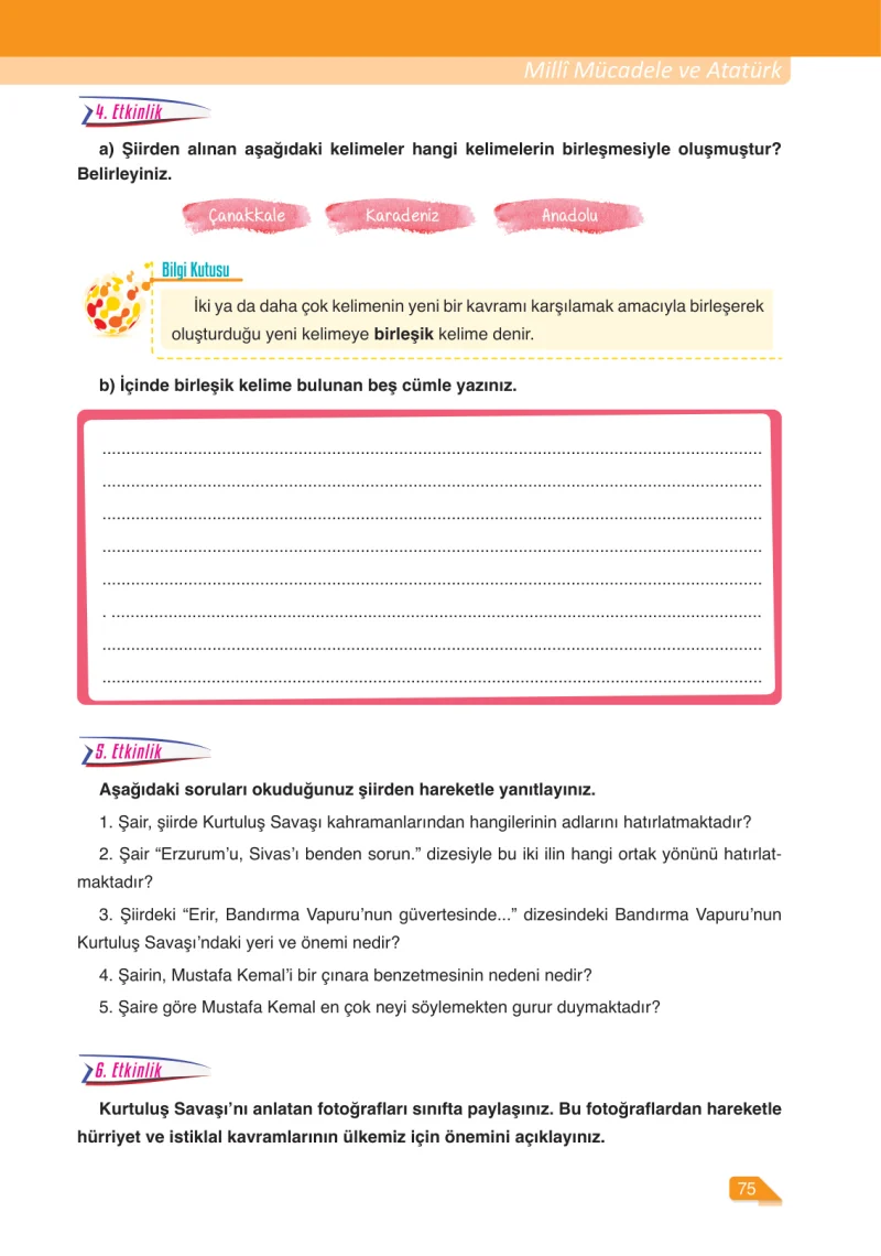 6. Sınıf Türkçe Ders Kitabı Cevapları Ata Yayınları Sayfa 75