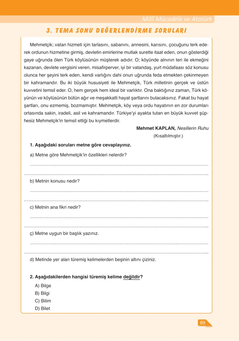6. Sınıf Türkçe Ders Kitabı Cevapları Ata Yayınları Sayfa 89