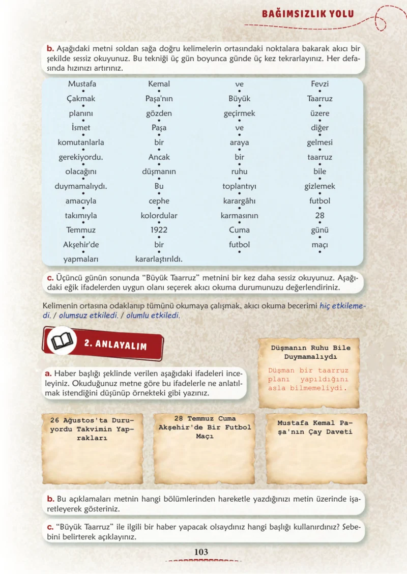 6. Sınıf Türkçe Ders Kitabı Cevapları Meb Yayınları 1. Kitap Sayfa 103