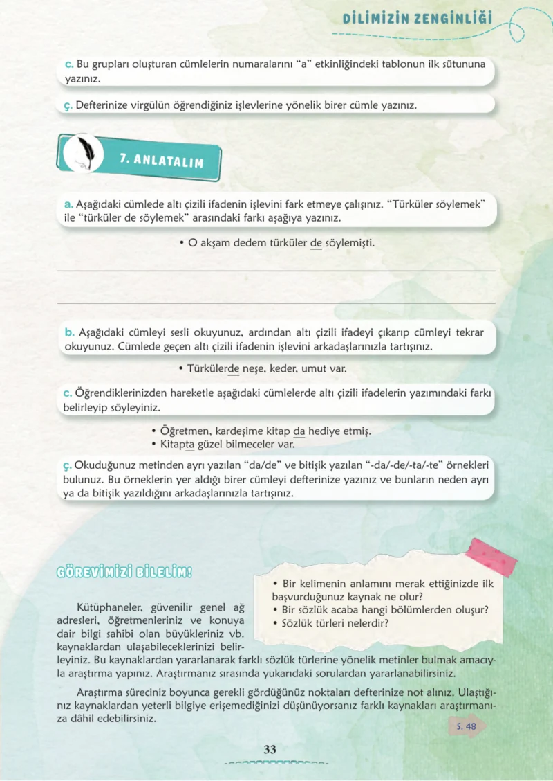 6. Sınıf Türkçe Ders Kitabı Cevapları Meb Yayınları 1. Kitap Sayfa 33